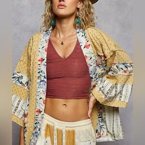 POL Yellow Floral Patchwork Kimono Jacket